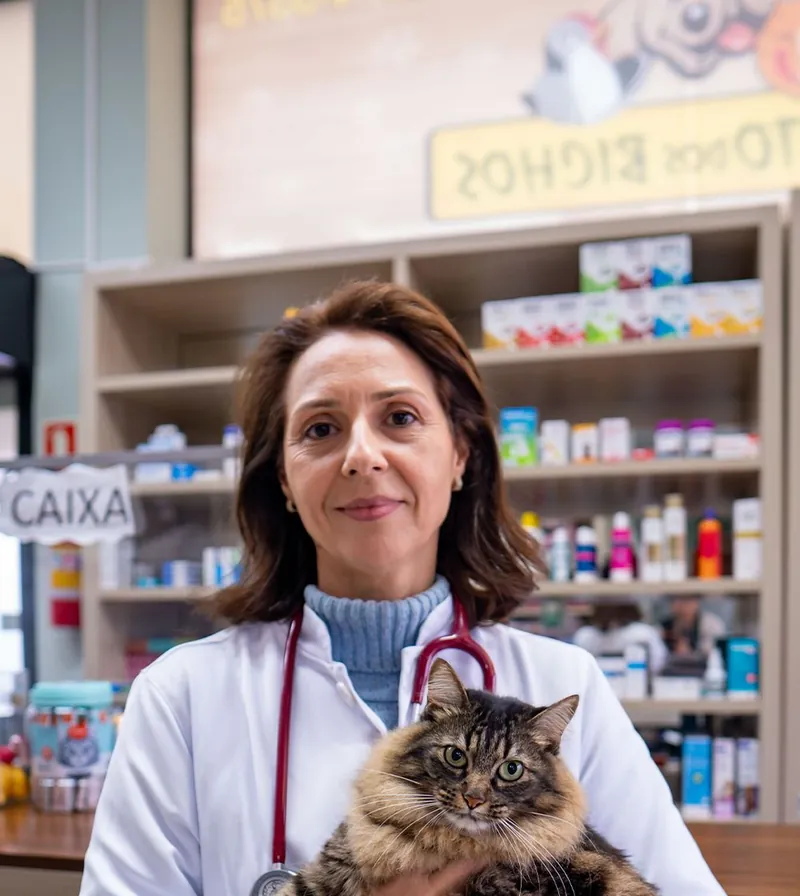Veterinária com um gato de pelo longo no colo, em frente à loja veterinária da clínica.